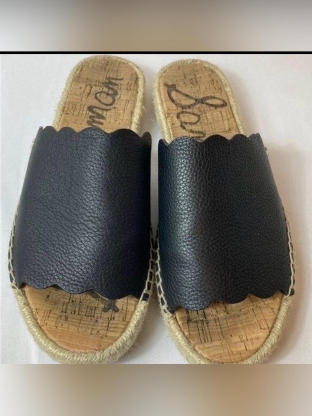 Sam Edelman Andy espadrille slide sandals in black leather with a scalloped edge